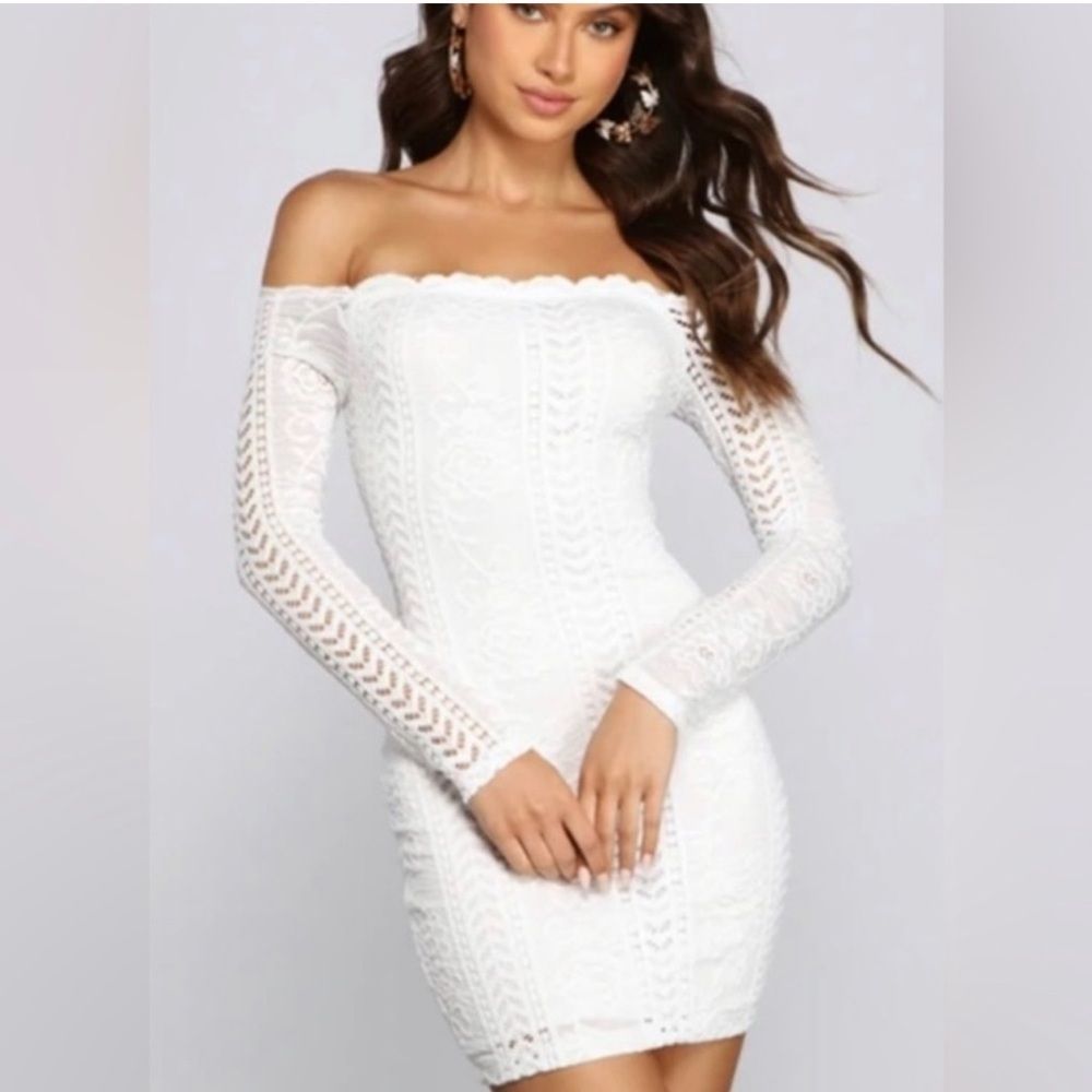 Windsor White Off the Shoulder Long Sleeve Lace Mini Dress
